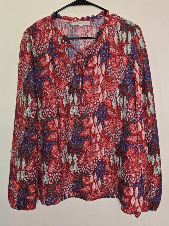 LOFT Tops - LOFT Gauzy Ruffle Neck Long Sleeve Top Size XL flowy Red Indie Bright Print